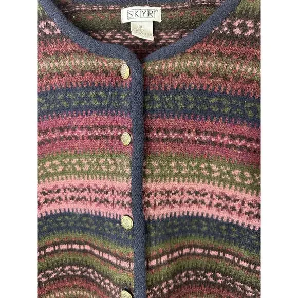 SKYR Vintage 100% Wool Cardigan Sweater Aztec Nordic Fair Isle Long Button Up XL - Picture 2 of 12